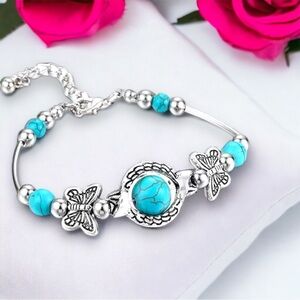 Dainty Feminine Silver Tone Faux Turquoise Butterfly Bracelet